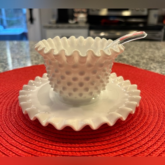 Fenton Other - 🔥Fenton Milk Glass Hobnail Mayonnaise Condiment Bowl Complete 3 Piece Set EUC